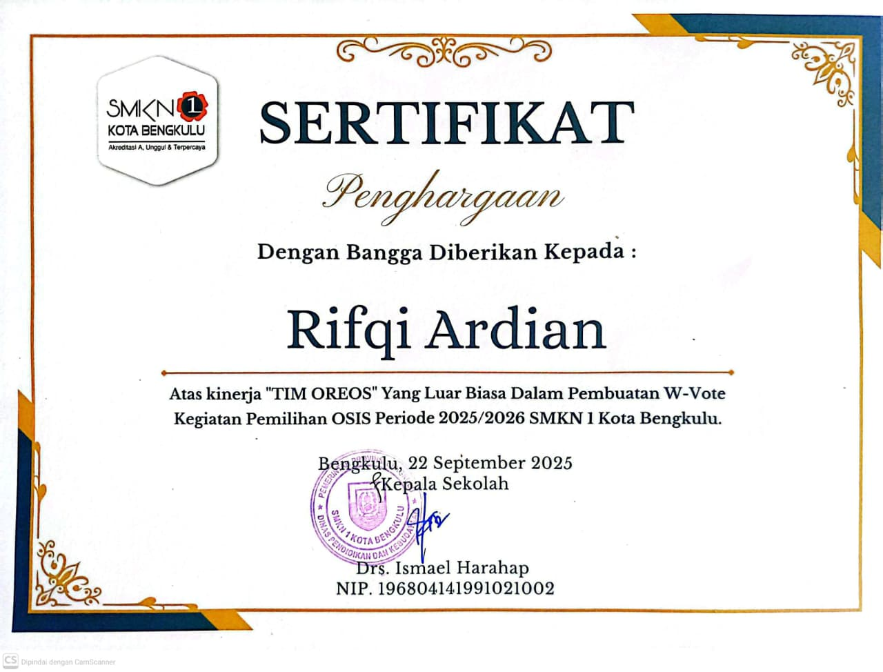 Penghargaan Atas Pembuatan Web W-Vote